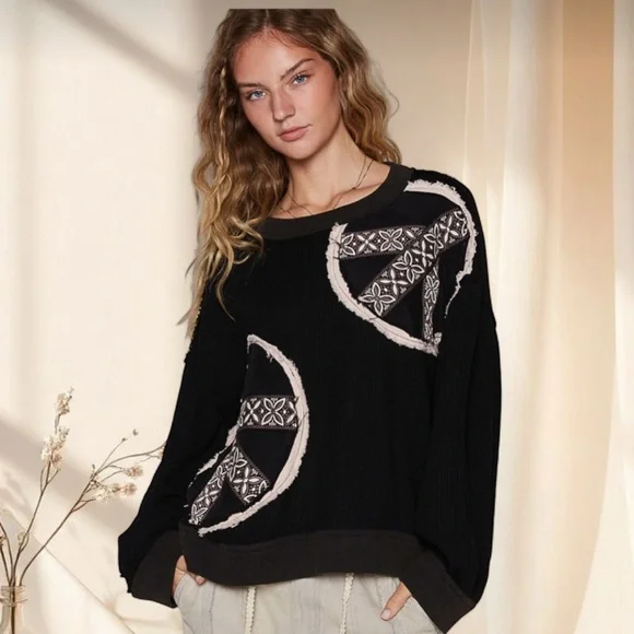 POL Black Boho Peace Sign Patch Sweater | Relaxed Fit Patchwork Top - Picture 7 of 7